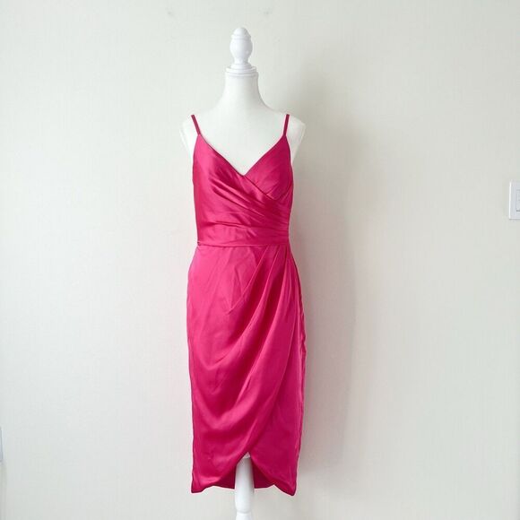 JJ's House Satin Wrap Midi Dress Fuchsia Pink NEW Size 6 Spaghetti Strap - Picture 2 of 11